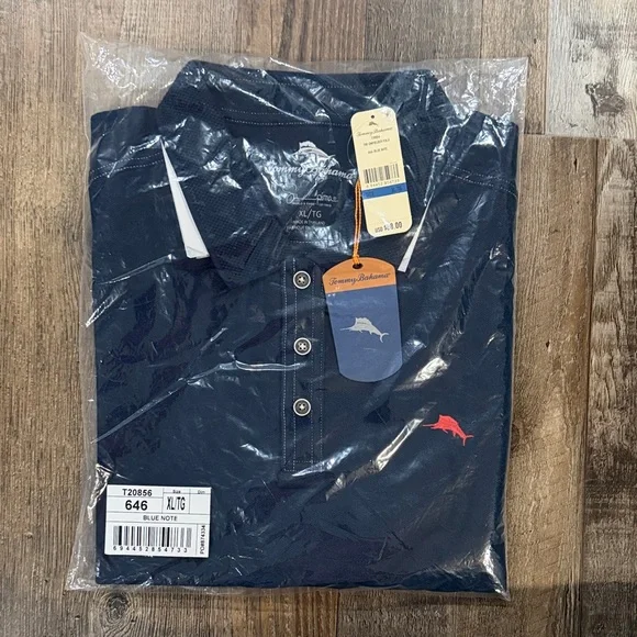 Tommy Bahama Navy Polo with Red Marlin Logo - Picture 1 of 3